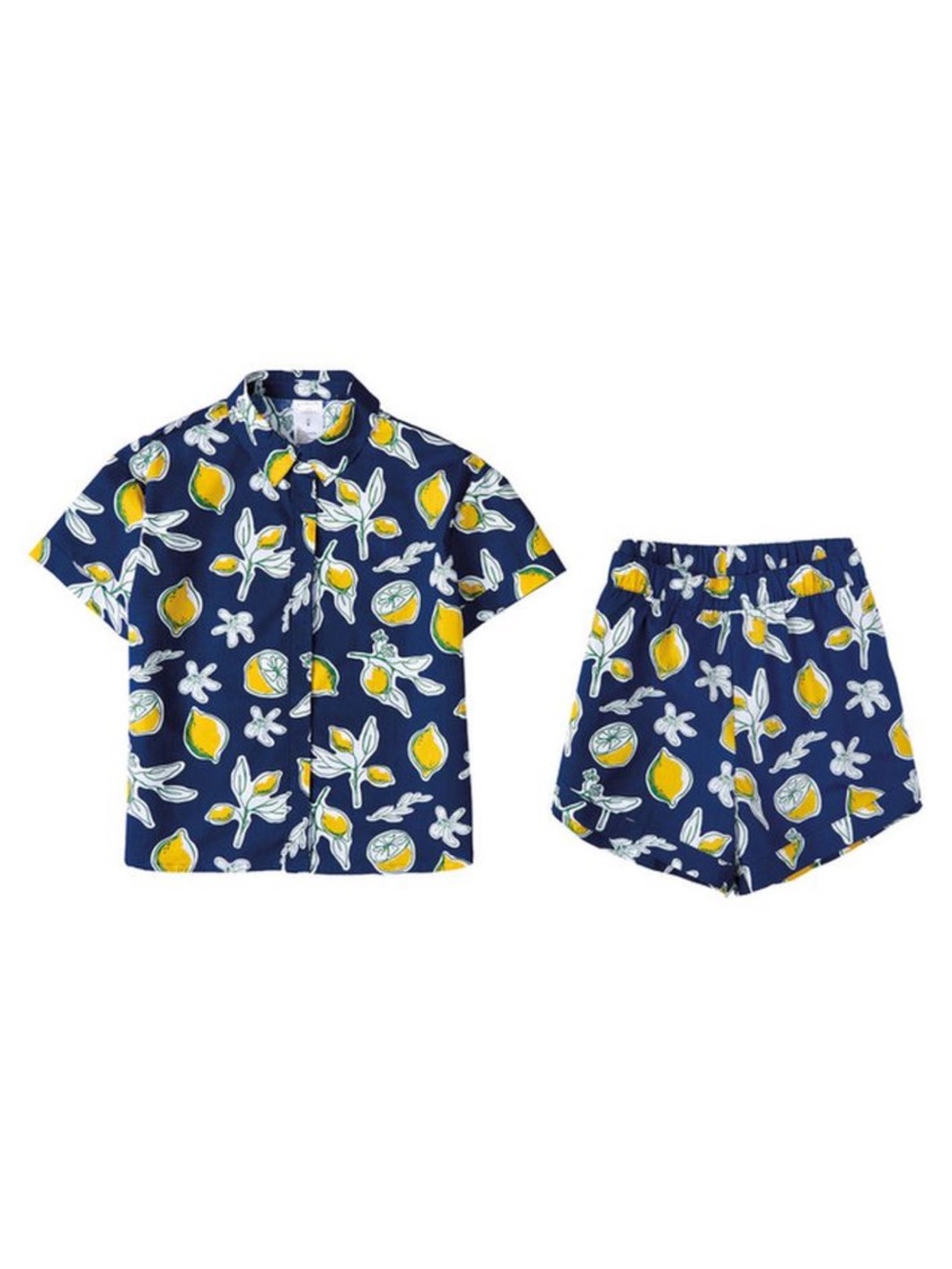 SERRA Navy White Green Yellow Lemon Print Cotton Top Shorts Leisure Set